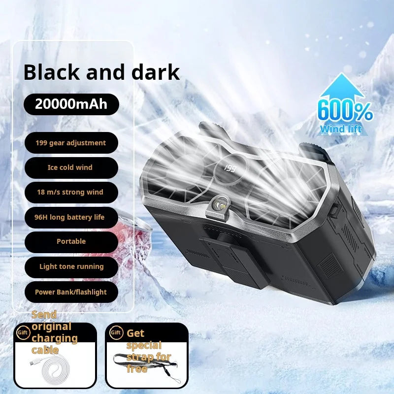 20000mAh Ultra Long Battery Neck and Waist Fan 199 Speed Stepless Control Dual Airflow Rechargeable Power Bank and Flashlight