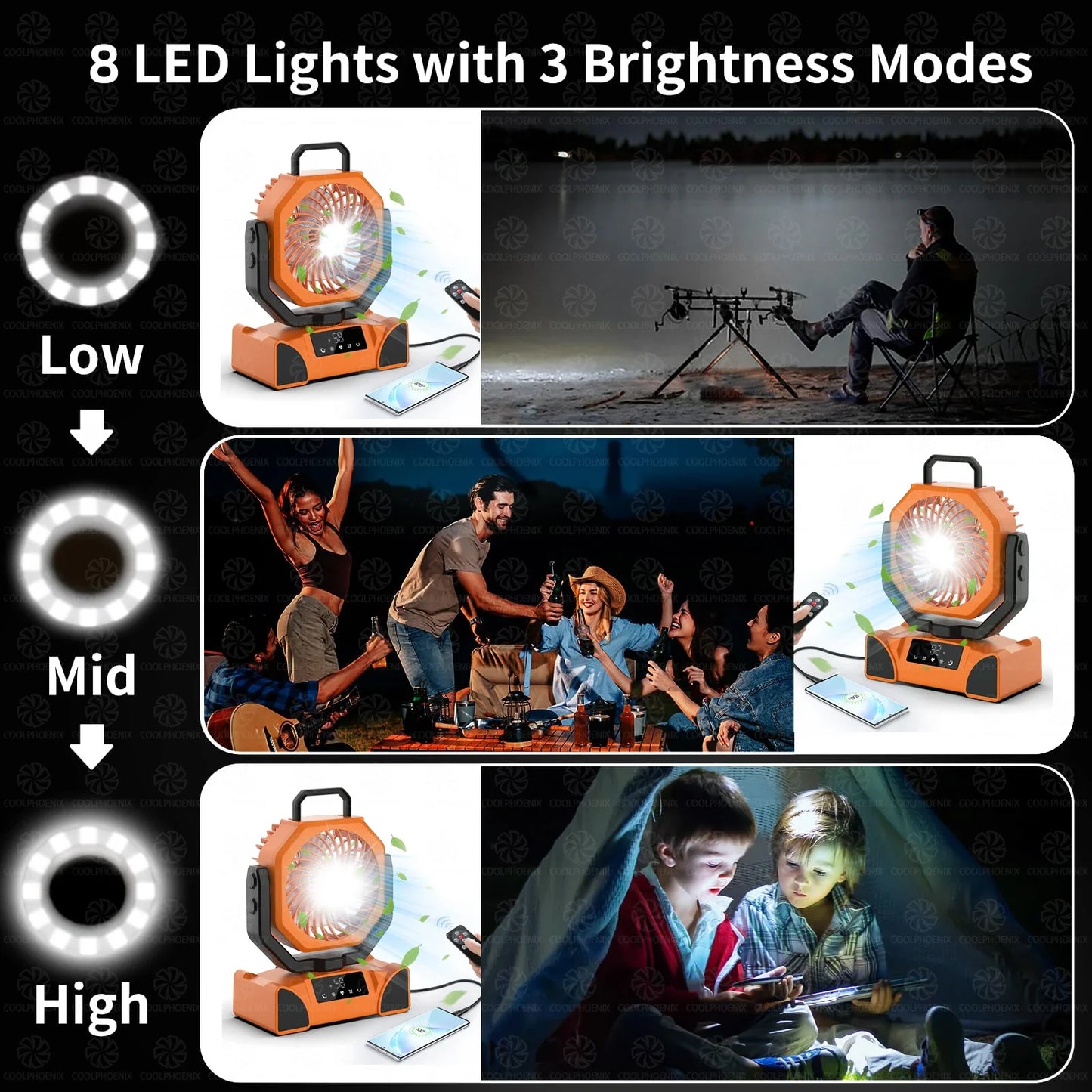 20000mAh Camping Fan Rechargeable Battery Portable Outdoor Fan Wireless Tent Ceiling Fan Air Circulators with Hook and LED Light