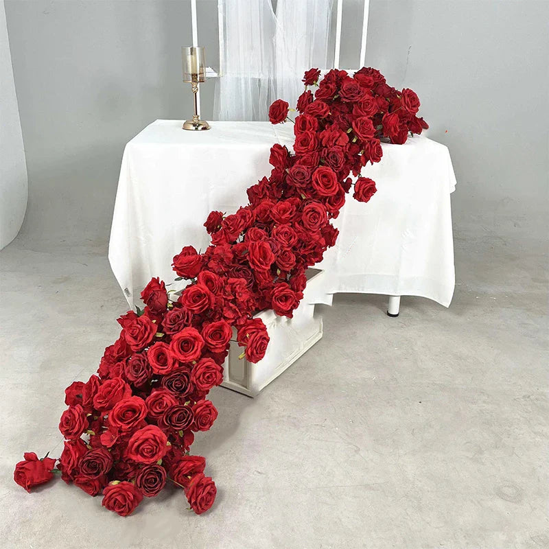 Artificial Red Rose Green Plants Flower Row Long Runner Wedding Backdrop Decor Floral Arrangement Party Props Table Centerpiece