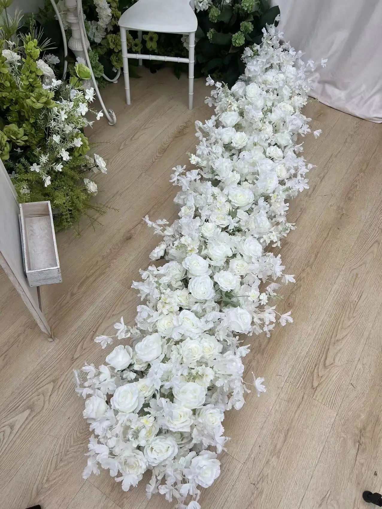 Artificial Red Rose Green Plants Flower Row Long Runner Wedding Backdrop Decor Floral Arrangement Party Props Table Centerpiece