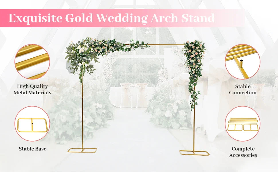 2*2.1M Gold Wedding Arch Door Square Metal Flower Rack with Bases Background Decorative Frame for Wedding Party