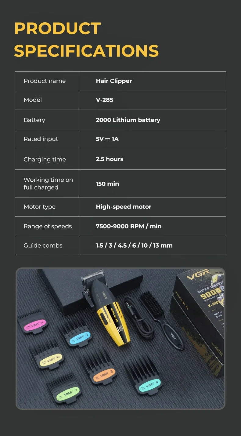 VGR Hair Clippers Professional Hair Trimmer Barber Clippers 9000 RPM Hair Cutting Machine Adjustable Trimmer for Men V-285 V-003