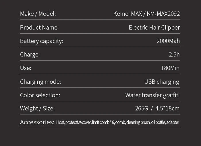 Kemei Professional Electric Hair Clipper Rechargeable Graffiti Pattern Beard Trimmer Men's Shaver KM-MAX2092 KM-MAX5090 KM-1102H
