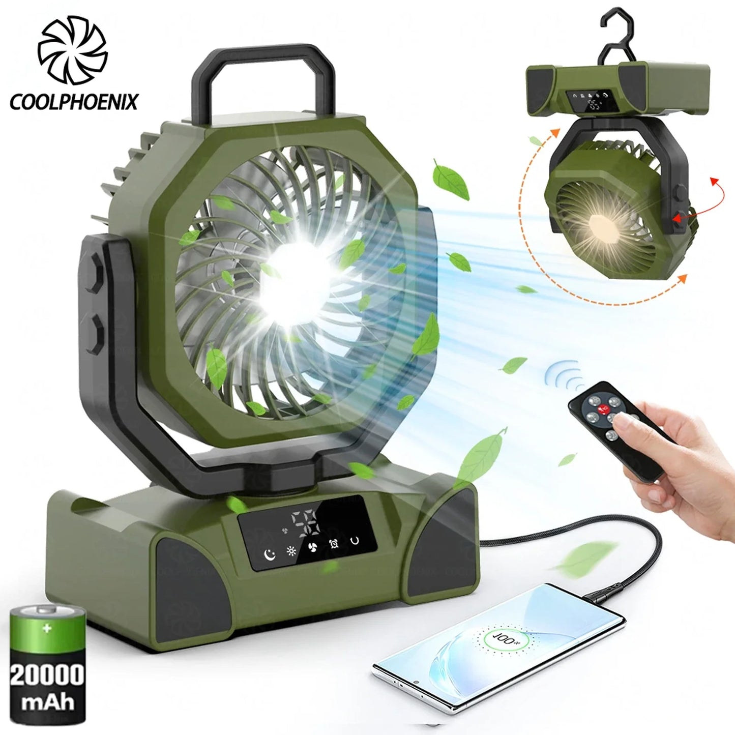 20000mAh Camping Fan Rechargeable Battery Portable Outdoor Fan Wireless Tent Ceiling Fan Air Circulators with Hook and LED Light