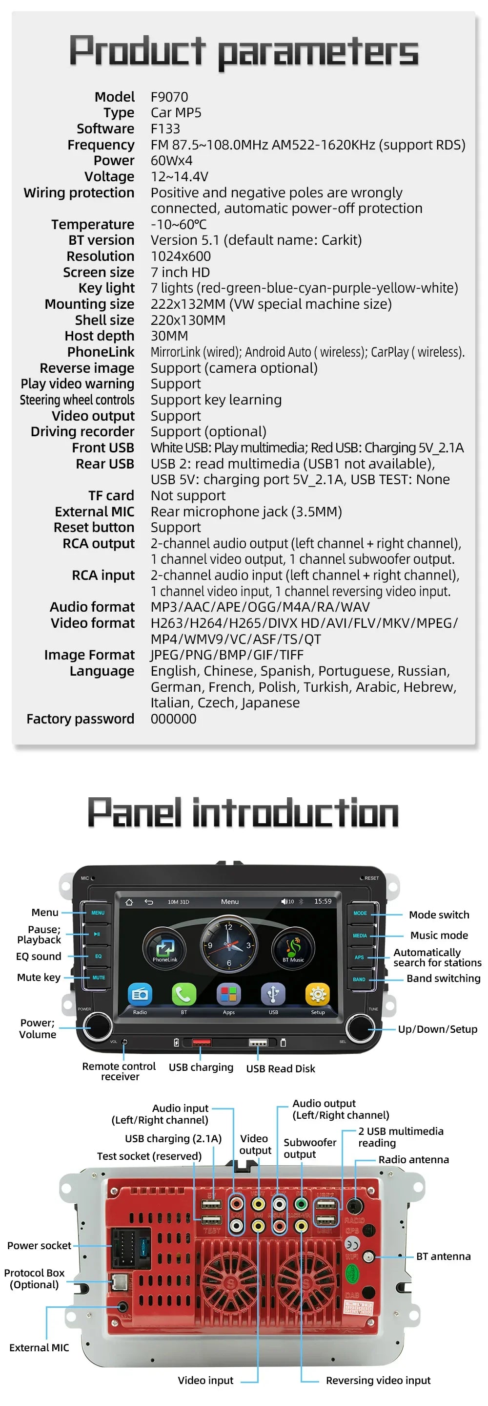 7" 2 Din HD Car Media Video RDS Airplay Car Radio Wireless CarPlay Android Auto Stereo Audio For VW/Seat/Skoda/Passat/Golf/Polo