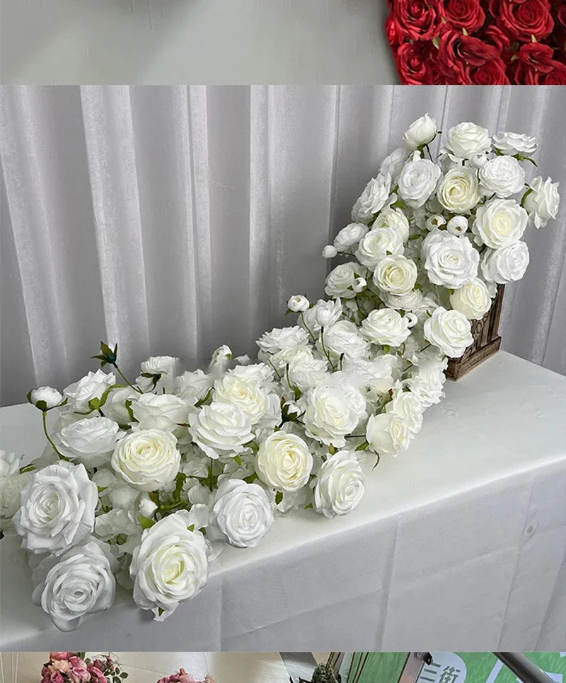 Artificial Red Rose Green Plants Flower Row Long Runner Wedding Backdrop Decor Floral Arrangement Party Props Table Centerpiece