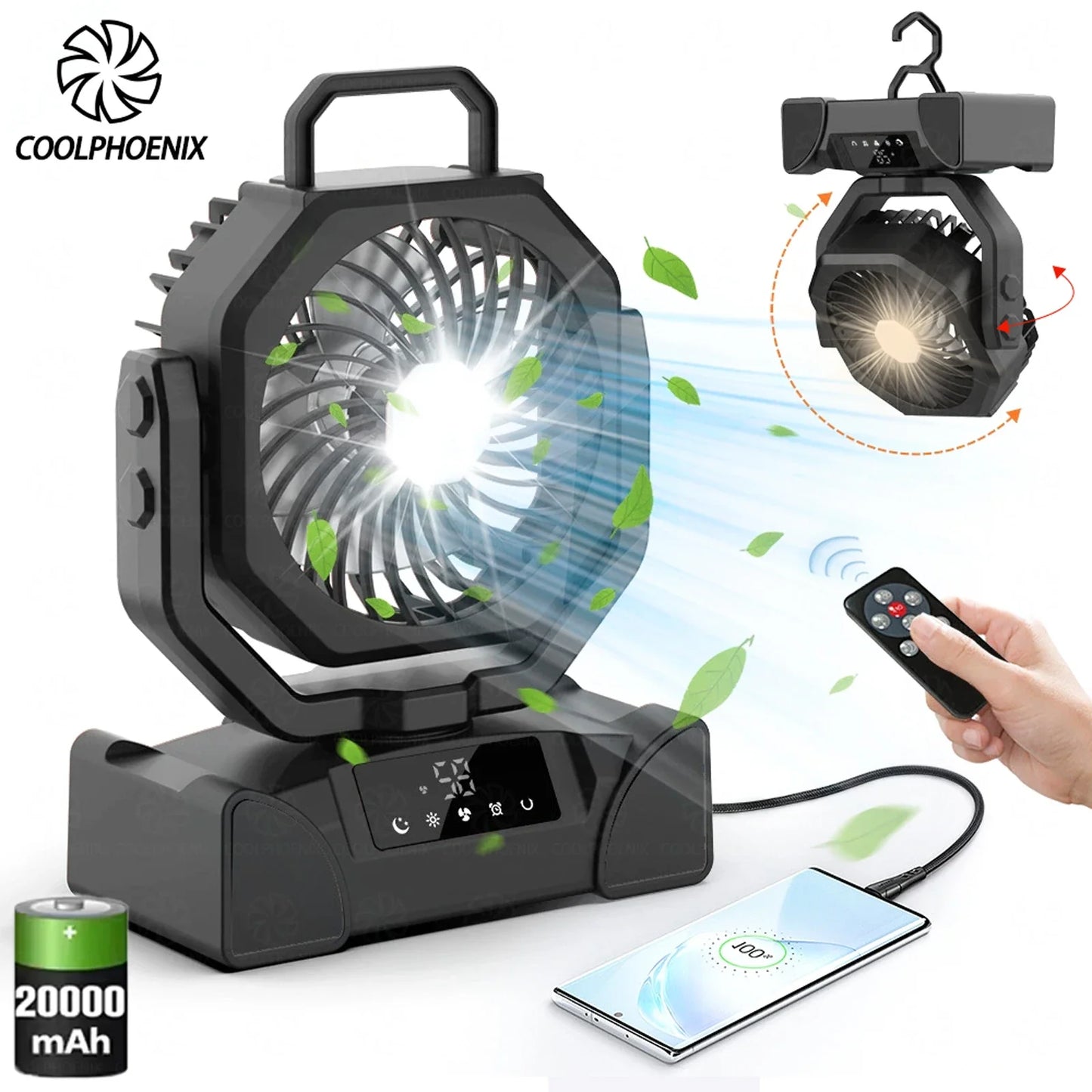 20000mAh Camping Fan Rechargeable Battery Portable Outdoor Fan Wireless Tent Ceiling Fan Air Circulators with Hook and LED Light