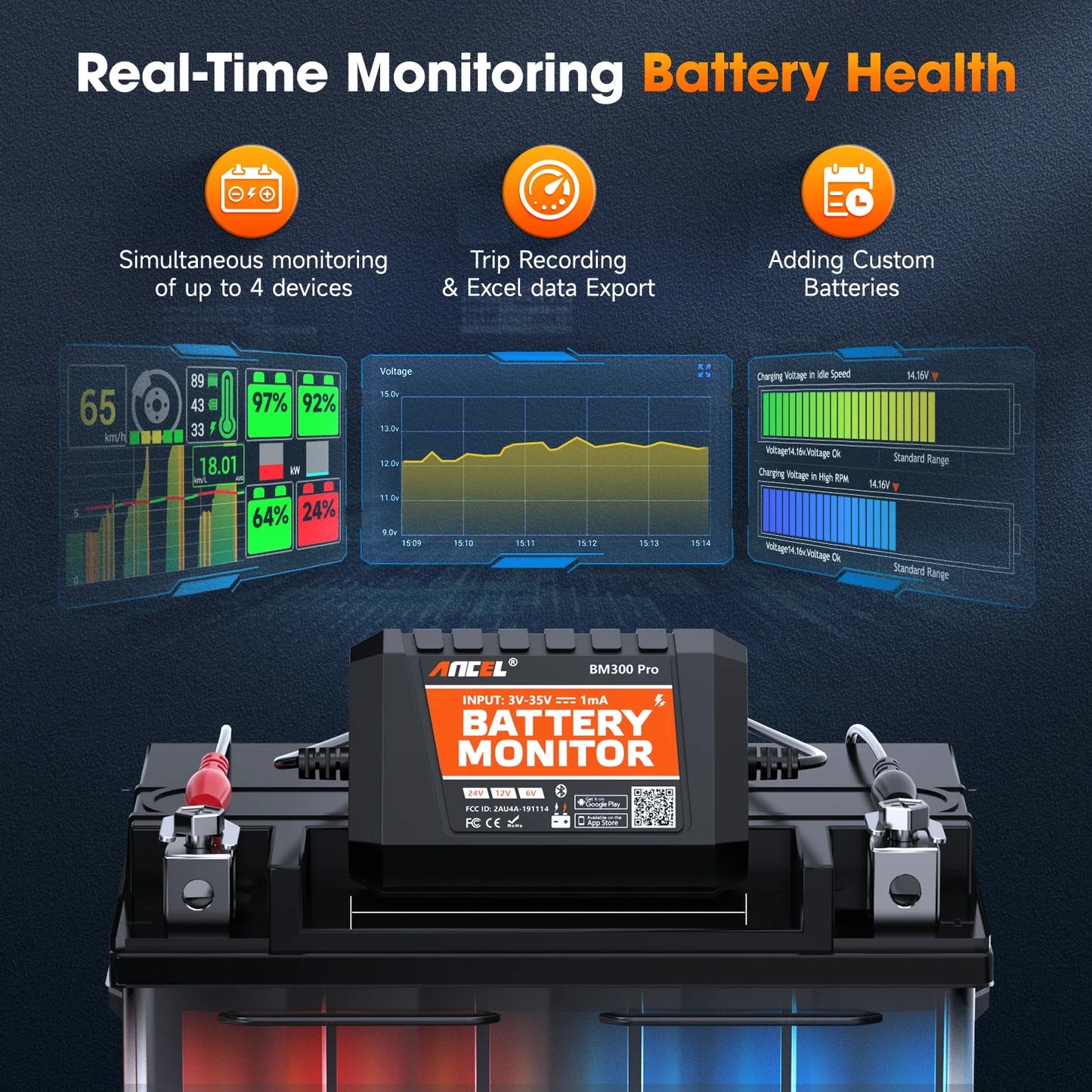 2025 New ANCEL BM300 Pro Battery Monitor 24V Battery Tester 12V SOC Battery Health Analyzer Battery Tools