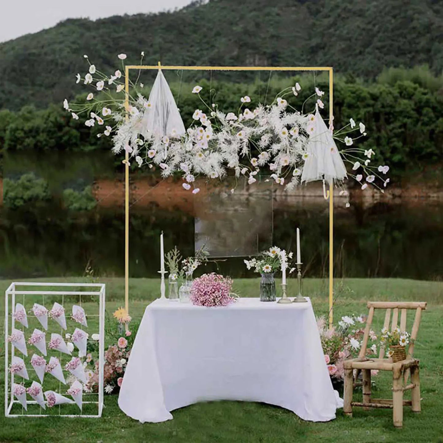 2*2.1M Gold Wedding Arch Door Square Metal Flower Rack with Bases Background Decorative Frame for Wedding Party