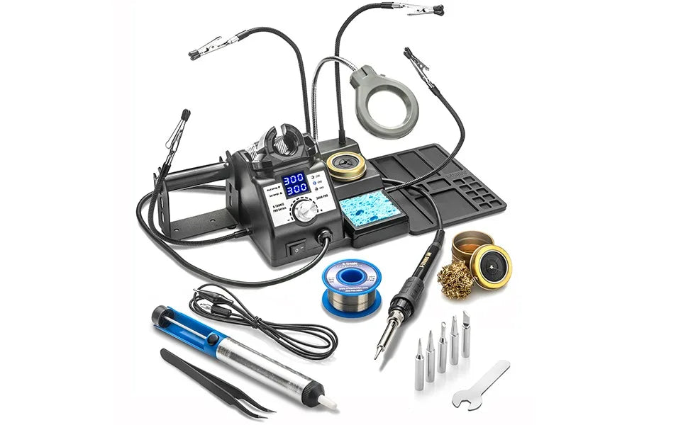 3060-PRO • 75W Soldering Iron Station Kit • 5 Extra Tips • Mini Mag Lamp • 4 Helping Hands • Solder Sucker Tweezers • 50g Solder