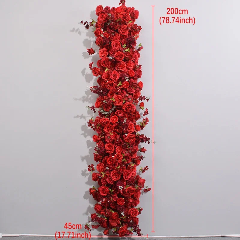 Artificial Red Rose Green Plants Flower Row Long Runner Wedding Backdrop Decor Floral Arrangement Party Props Table Centerpiece