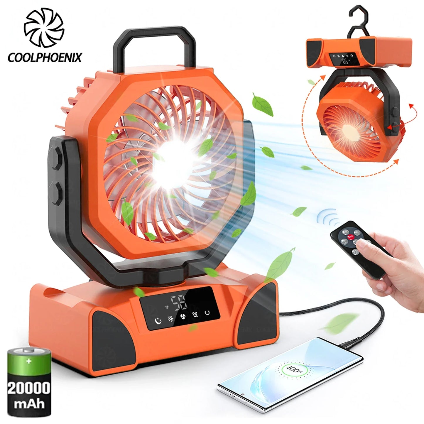 20000mAh Camping Fan Rechargeable Battery Portable Outdoor Fan Wireless Tent Ceiling Fan Air Circulators with Hook and LED Light