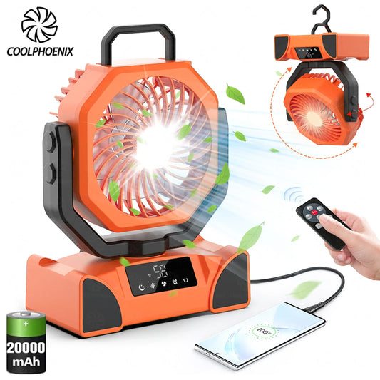 20000mAh Camping Fan Rechargeable Battery Portable Outdoor Fan Wireless Tent Ceiling Fan Air Circulators with Hook and LED Light