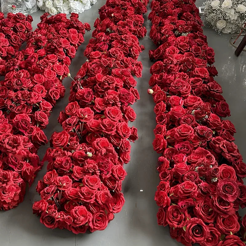 Artificial Red Rose Green Plants Flower Row Long Runner Wedding Backdrop Decor Floral Arrangement Party Props Table Centerpiece