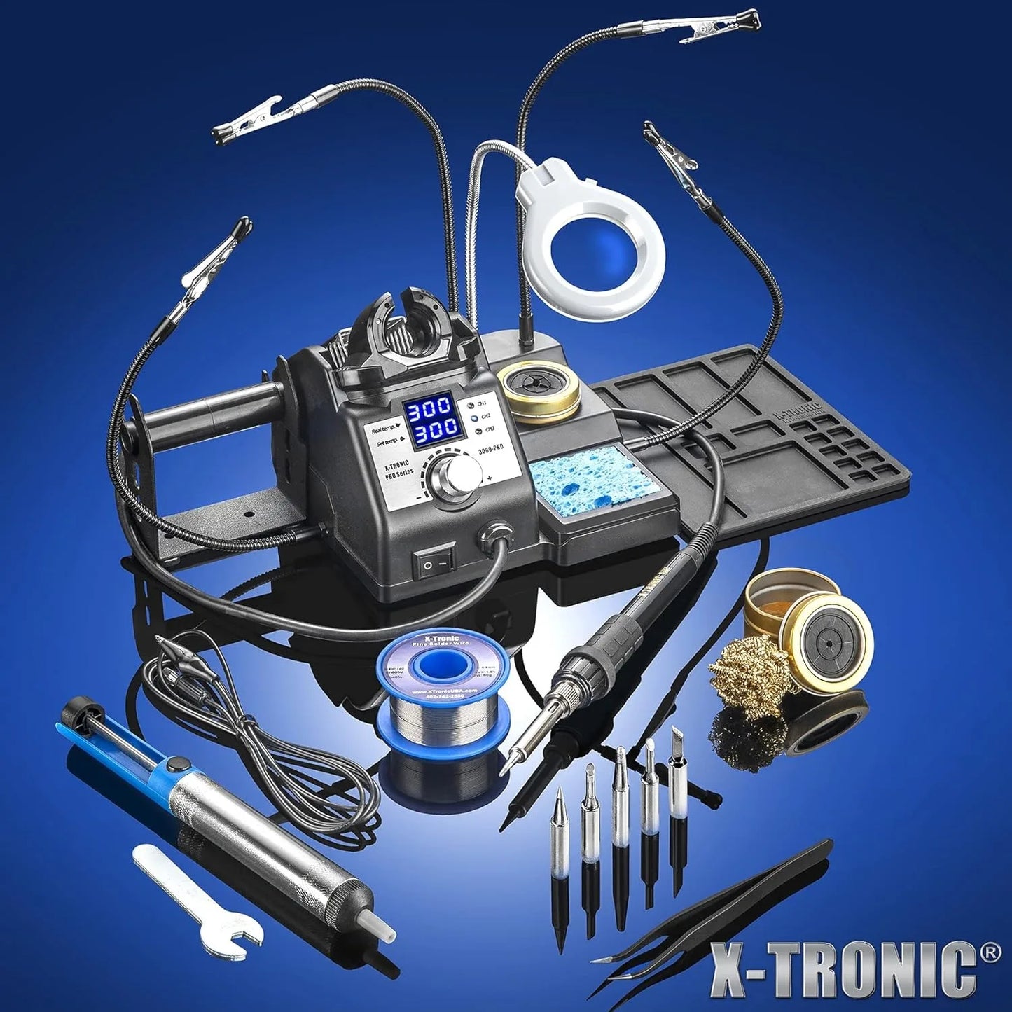 3060-PRO • 75W Soldering Iron Station Kit • 5 Extra Tips • Mini Mag Lamp • 4 Helping Hands • Solder Sucker Tweezers • 50g Solder