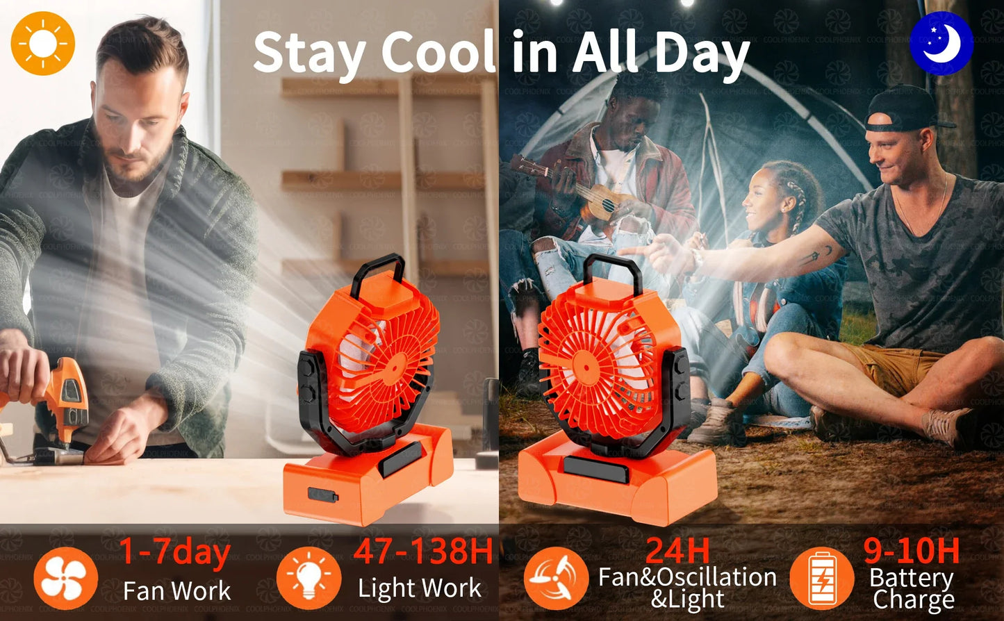 20000mAh Camping Fan Rechargeable Battery Portable Outdoor Fan Wireless Tent Ceiling Fan Air Circulators with Hook and LED Light