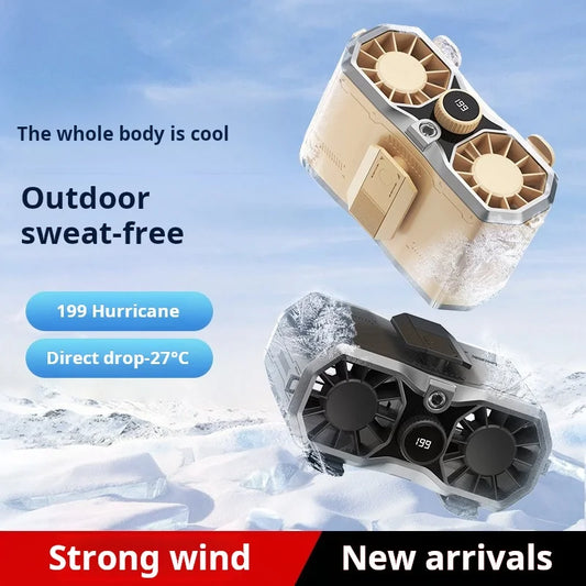 20000mAh Ultra Long Battery Neck and Waist Fan 199 Speed Stepless Control Dual Airflow Rechargeable Power Bank and Flashlight