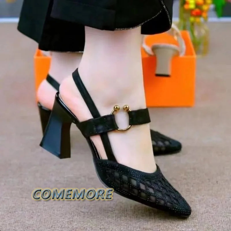 Shoes for Woman's 2025 New Spring Summer Pumps Net Cloth Net Grid Breathable One Word Buckle Pointed Toe Shoes Women Comfortable