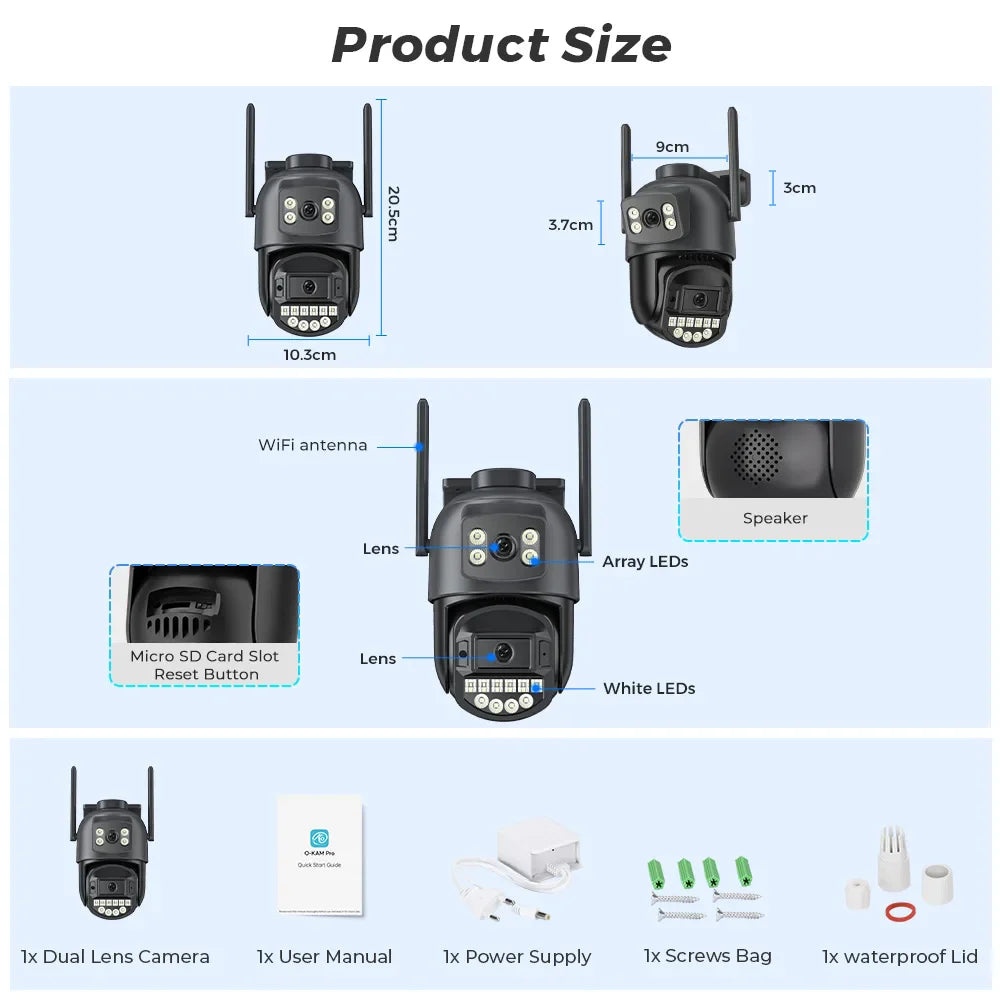 10MP 5K Dual Lens PTZ IP Camera with Dual Screen 8MP Ai Human Detection Auto Tracking Wireless Outdoor Surveillance Camera O-KAM