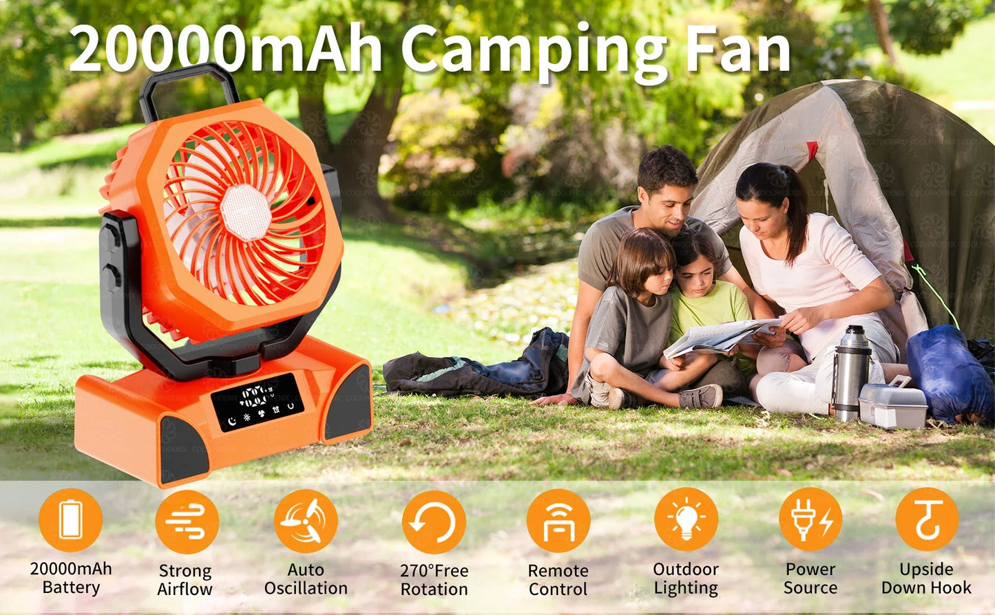 20000mAh Camping Fan Rechargeable Battery Portable Outdoor Fan Wireless Tent Ceiling Fan Air Circulators with Hook and LED Light
