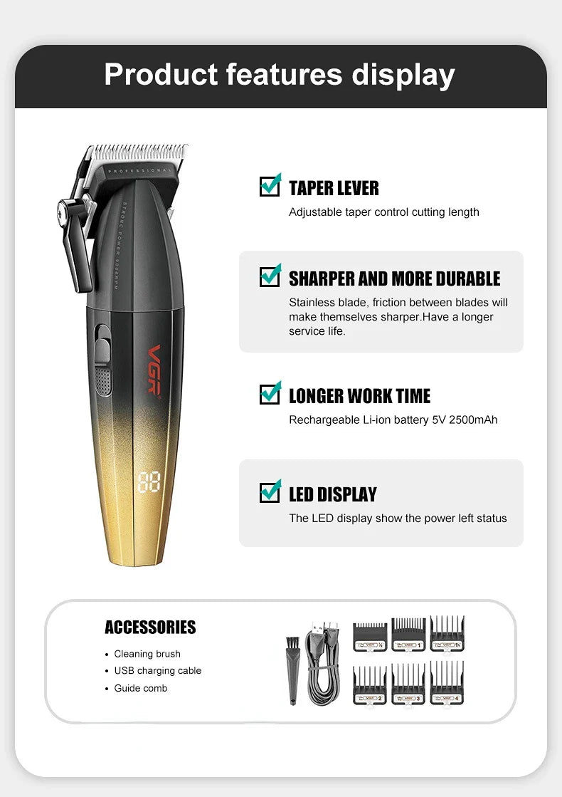 VGR Hair Clipper Professional Hair Trimmer 9000 RPM Barber Hair Cutting Machine Digital Display Haircut Clipper for Men V-003
