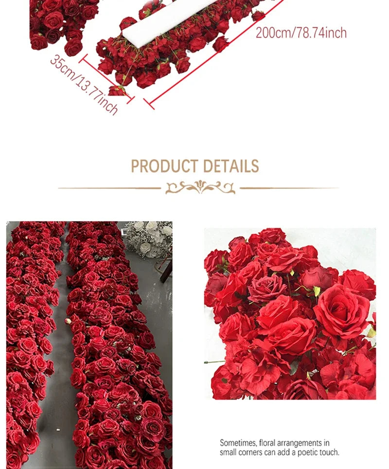 Artificial Red Rose Green Plants Flower Row Long Runner Wedding Backdrop Decor Floral Arrangement Party Props Table Centerpiece