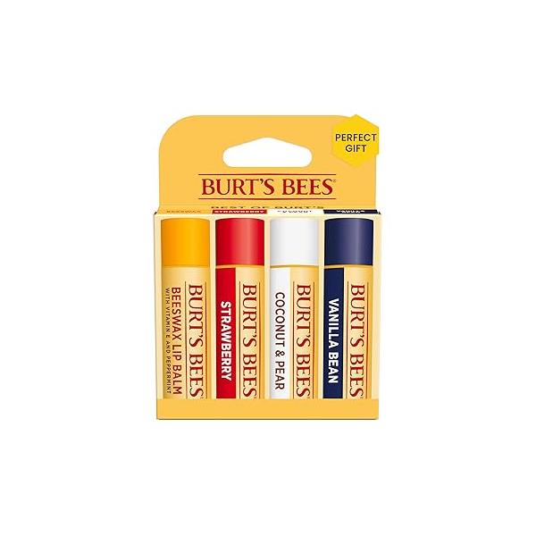 Lip Balm - Beeswax, Strawberry, Coconut and Pear, and Vanilla Bean, With Responsibly Sourced Beeswax, Tint-Free, Natural Origin Lip Treatment, 4 Tubes, 0.15 oz.